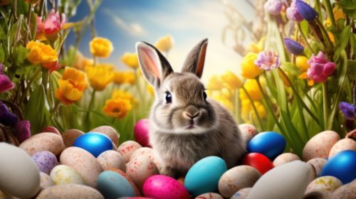 Vibrant background adorned with a charming bunny, colorful eggs, and festive cheer